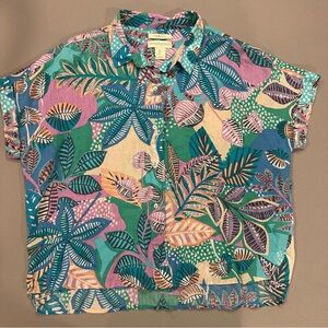 Womens Cynthia Rowley Linen Hawaiian Floral Shirt Blue Pink Purple Large